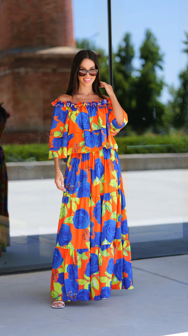 Vestido Flor Verde Azul Naranja